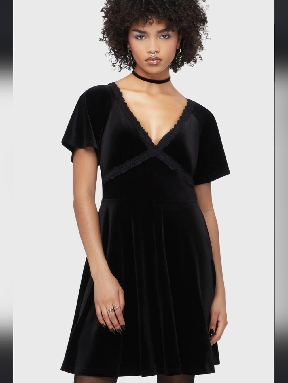 Killstar Black Velvet V-Neck Lace Trim Mini Dress